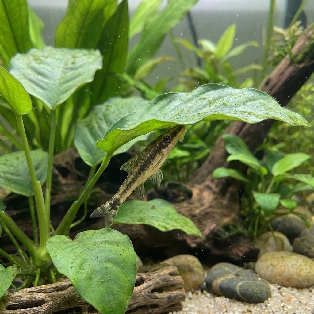 A small Otocinclus catfish clinging to a broad green plant leaf in a planted freshwater aquarium