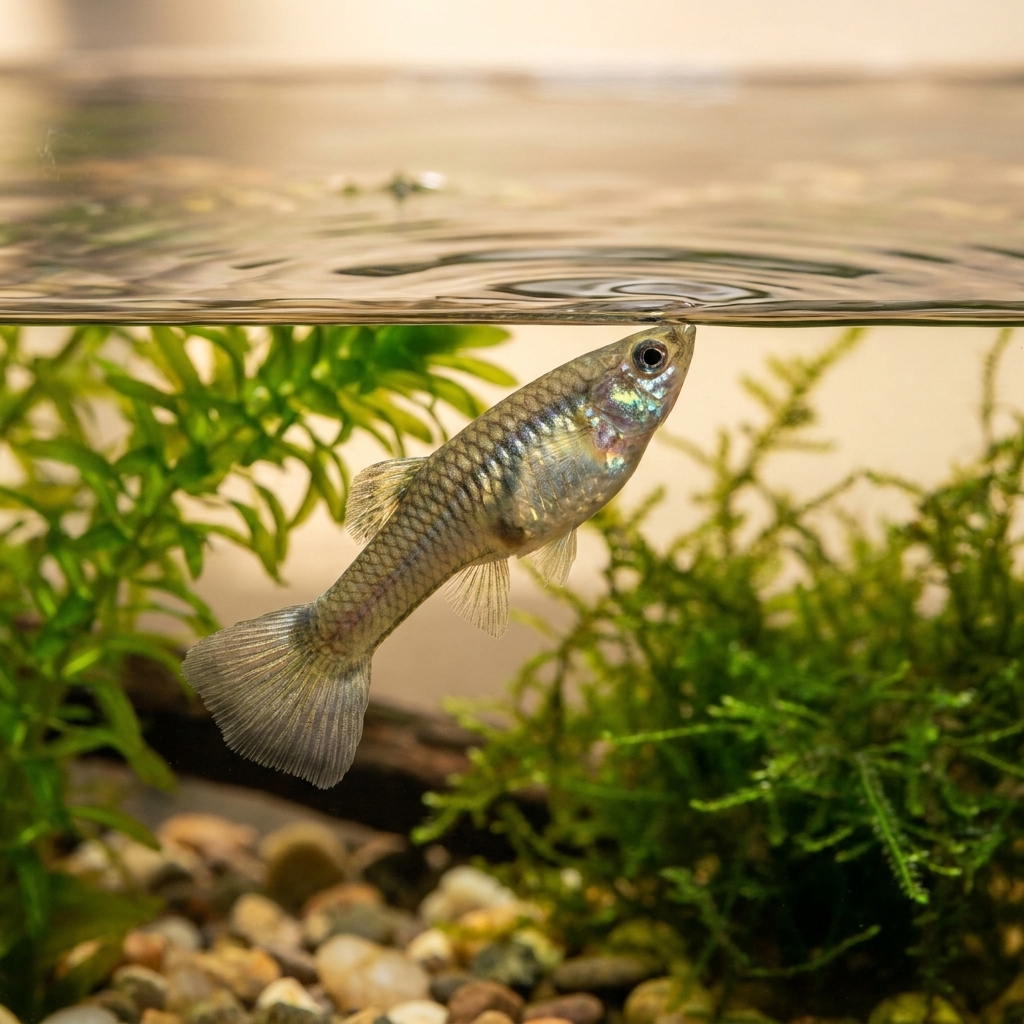 A small freshwater aquarium fish tilted sideways near the surface, struggling to maintain balance in calm water