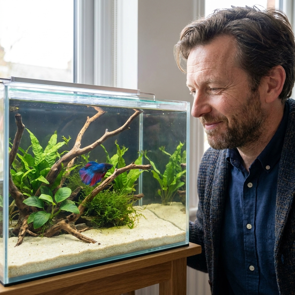 A small freshwater aquarium with pale sand substrate, driftwood, and live plants arranged for a betta fish