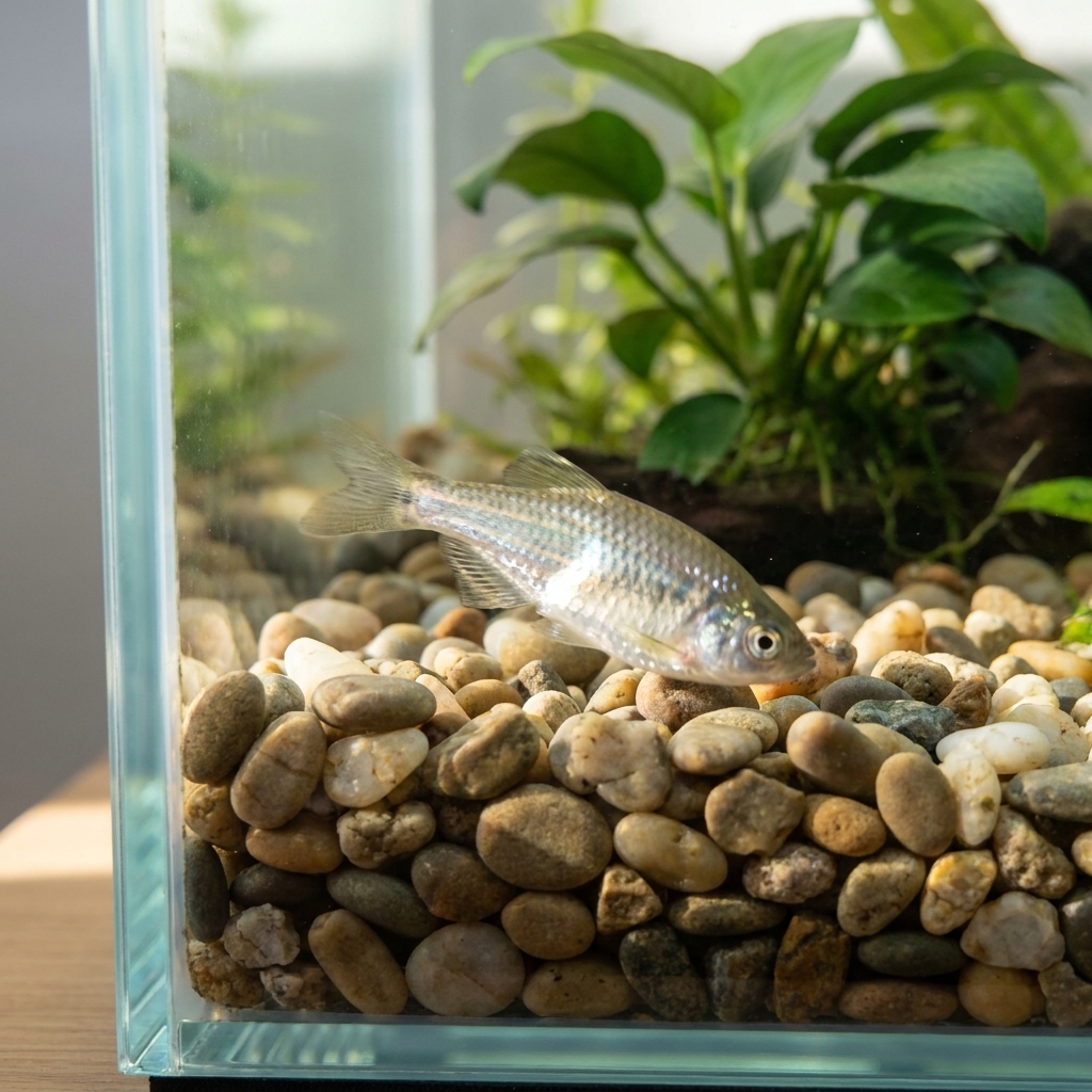 A small freshwater fish rubbing its side against smooth gravel in a glass aquarium, showing flashing behavior