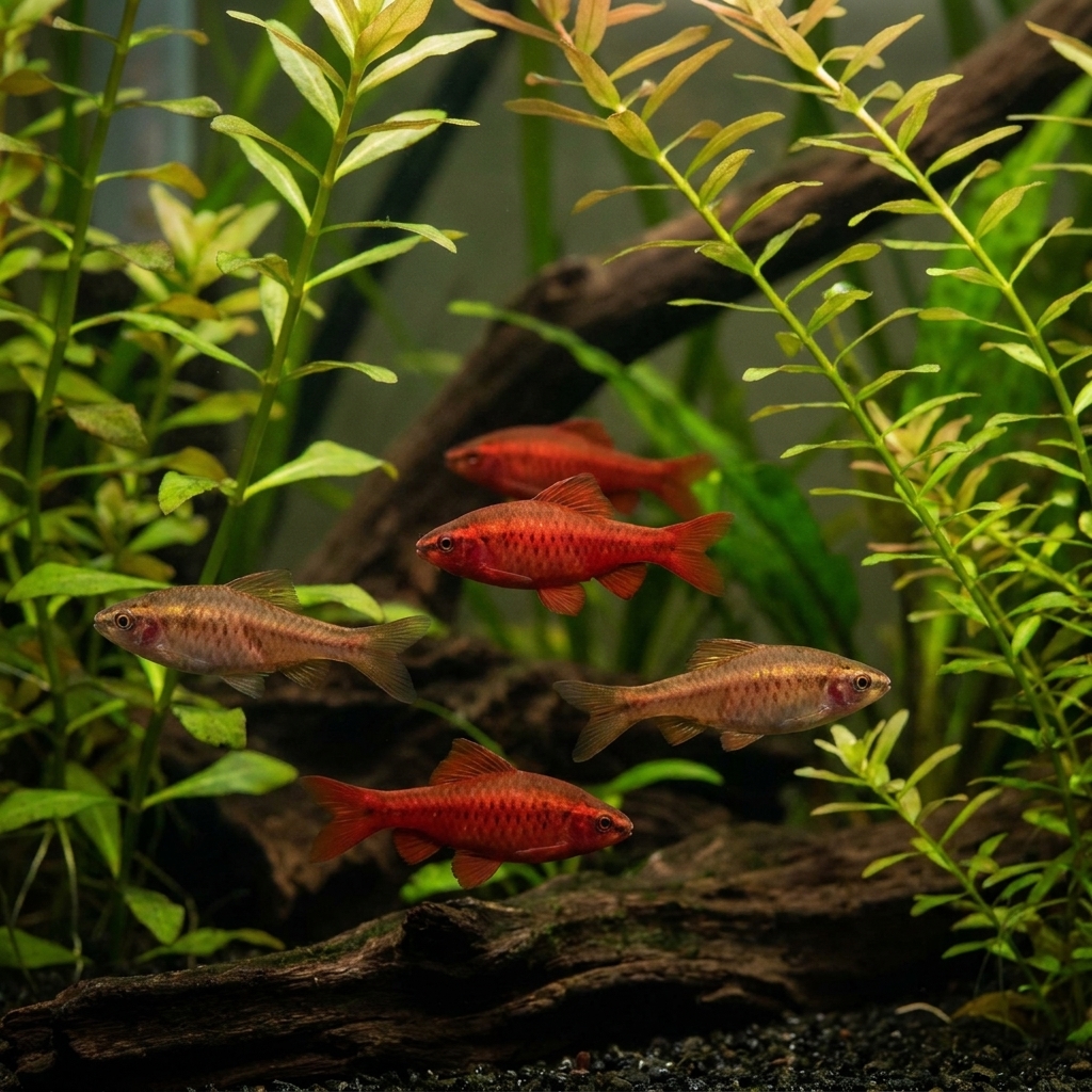 A small group of cherry barbs swimming calmly in a planted community aquarium, with red males and paler females among green stems