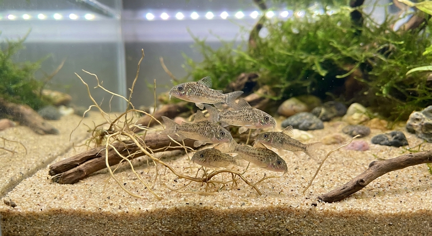 A small group of pygmy corydoras schooling above a sandy bottom with scattered plant roots in a freshwater aquarium