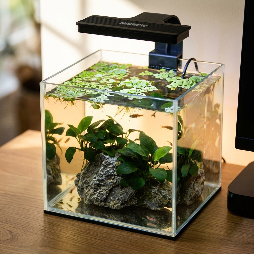 A small rimless nano aquarium with anubias on rock and floating plants lit by a black NICREW clip-on LED mounted to the back glass