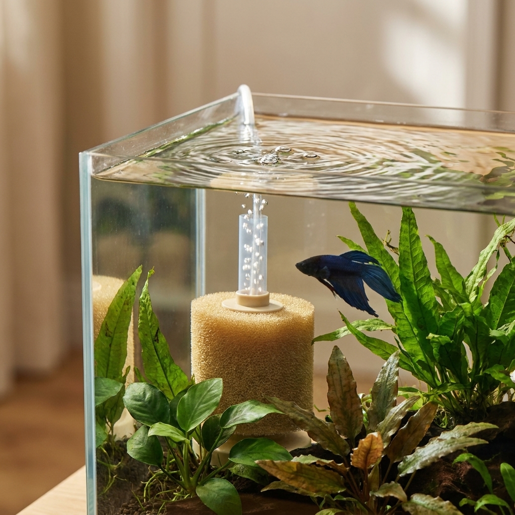 A small sponge filter running in a planted betta aquarium with gentle surface movement