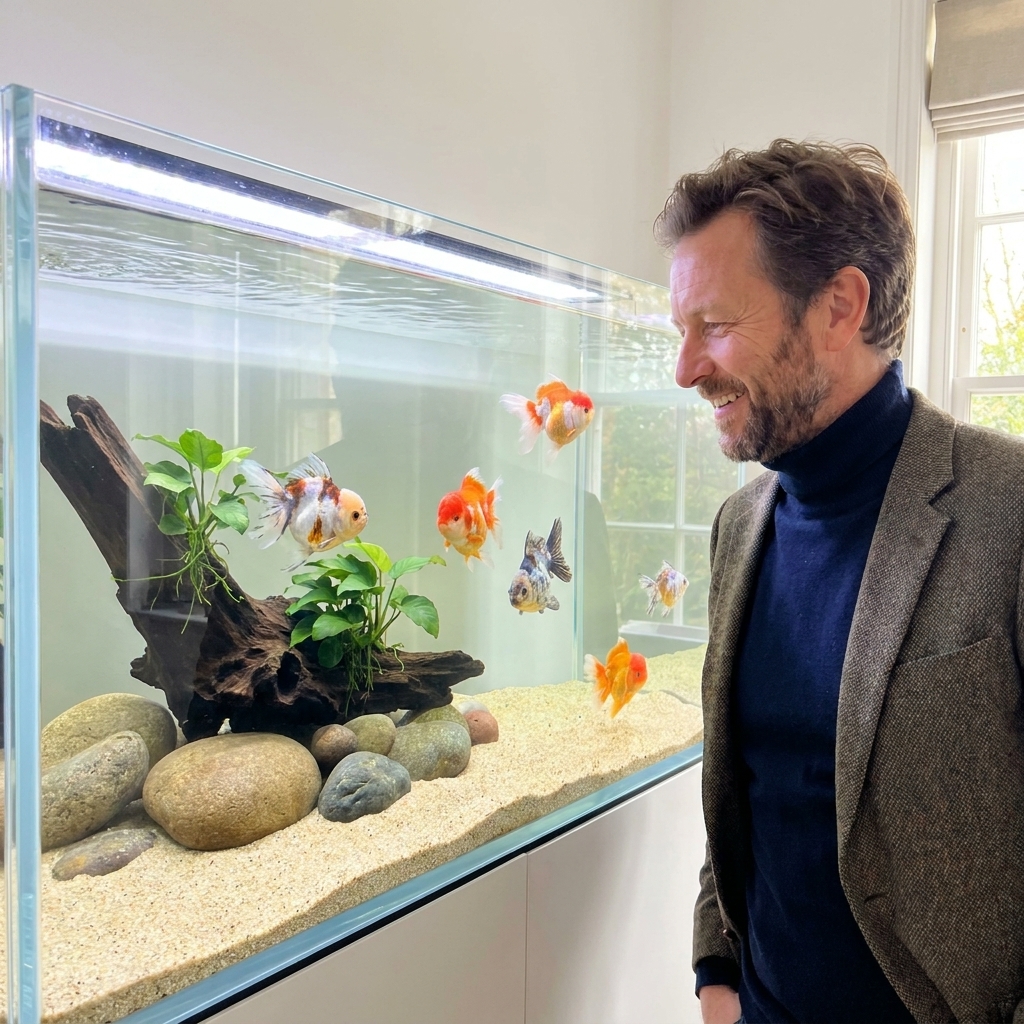 A spacious fancy goldfish aquarium with fine sand, a few smooth stones, and anubias attached to driftwood, leaving wide open swimming space