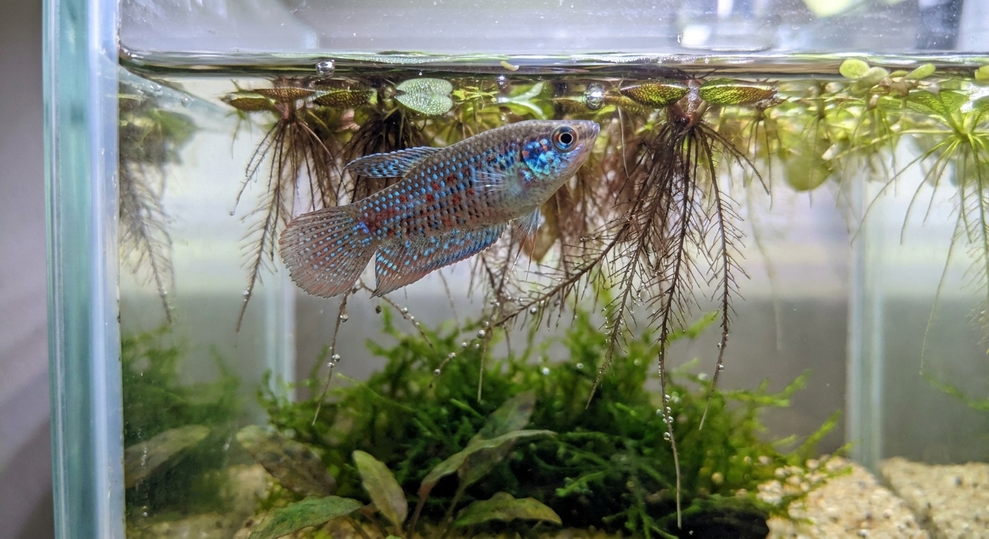 A sparkling gourami hovering among floating plant roots near the surface in a calm planted nano aquarium