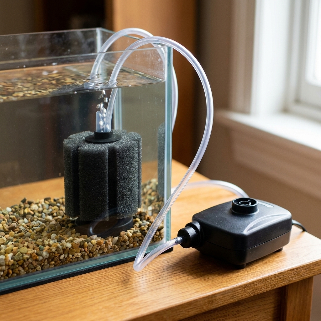 A sponge filter connected to airline tubing and an air pump next to a small aquarium