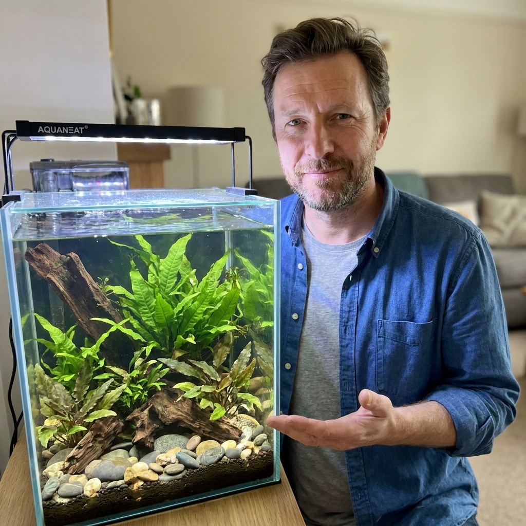 A standard glass aquarium with a black AQUANEAT LED strip light over a simple planted layout with java fern and crypts