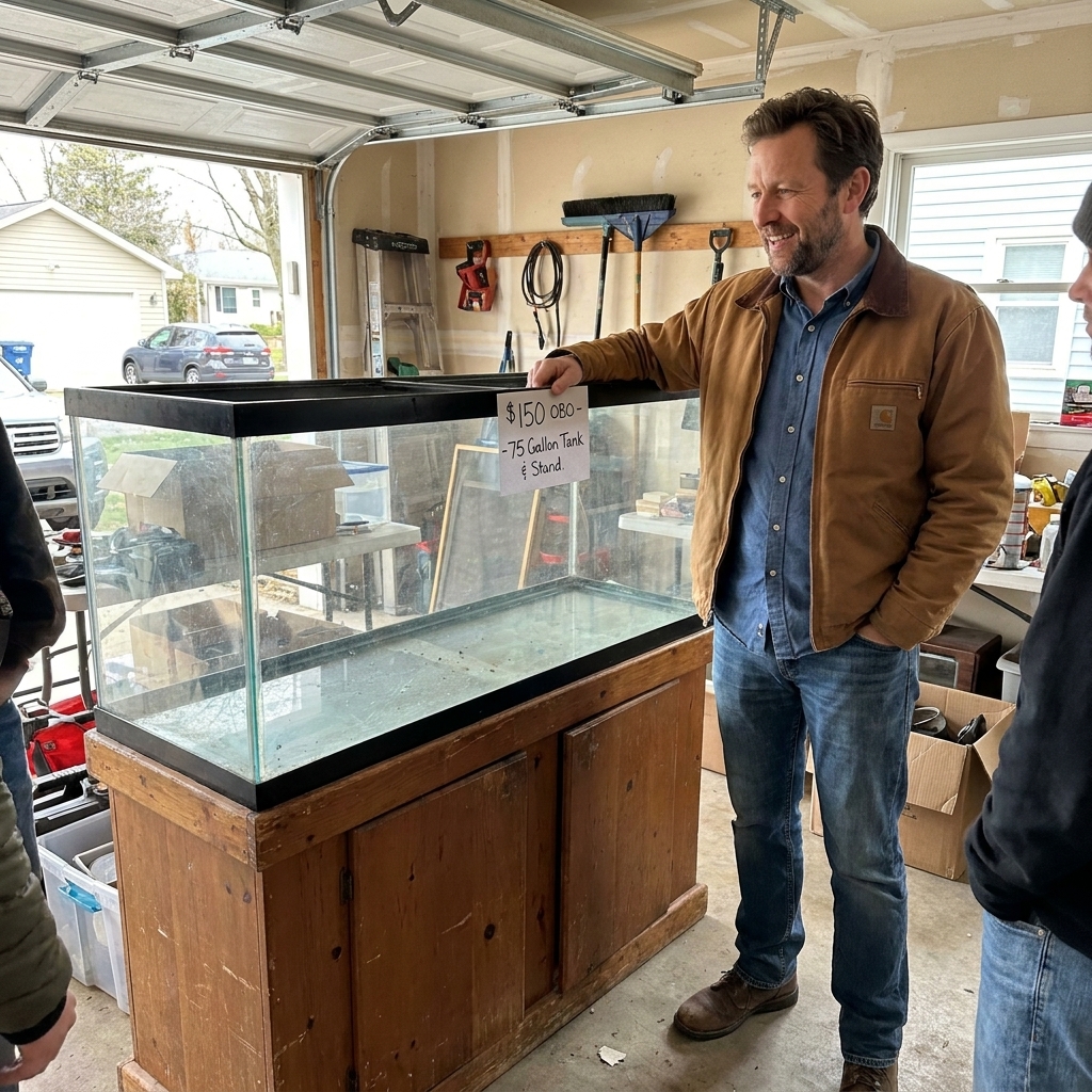 A used aquarium stand and glass tank photographed in a garage during a local marketplace sale, showing the setup from the front
