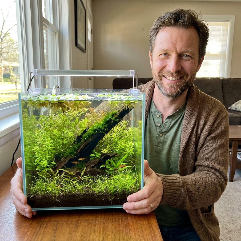 A well-maintained 5-gallon freshwater planted tank with dense stem plants, a small piece of driftwood, and floating plants creating shaded areas