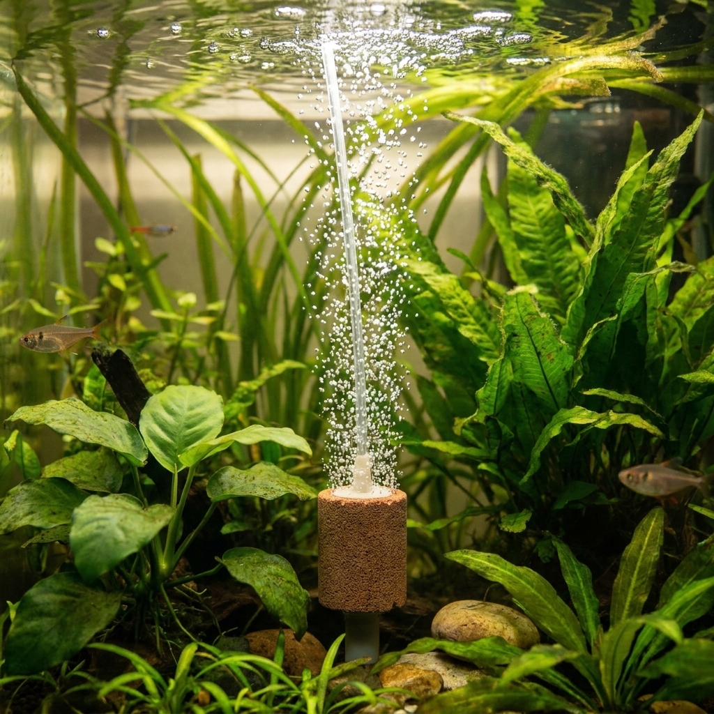 A working air stone producing a steady column of fine bubbles in a planted freshwater aquarium