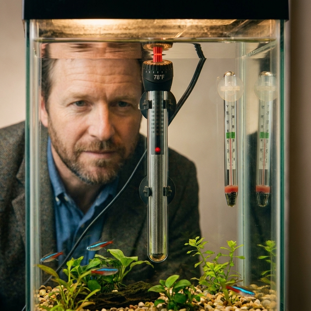 An adjustable aquarium heater mounted inside a small freshwater tank next to a glass thermometer showing a stable tropical temperature