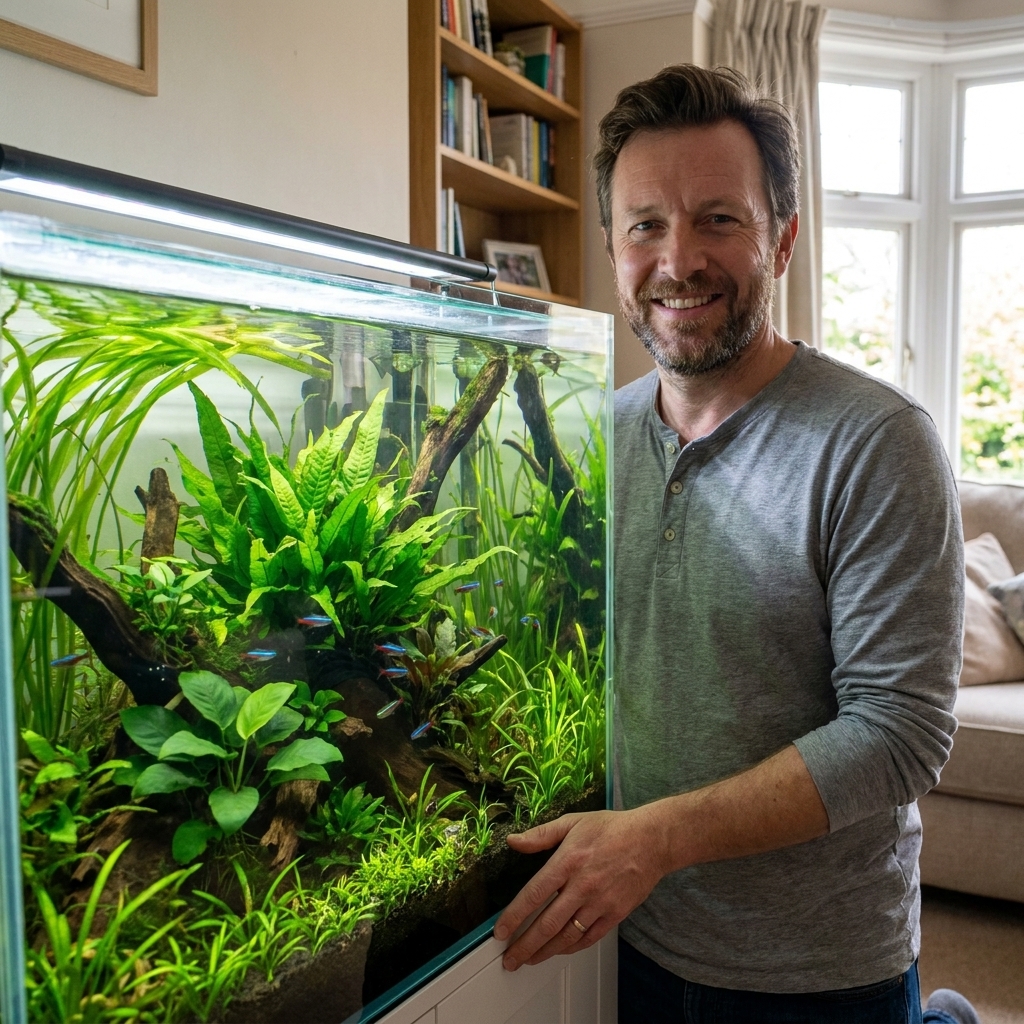 An aquarist standing beside a thriving planted freshwater aquarium with clear water, green aquatic plants, and a calm home setting