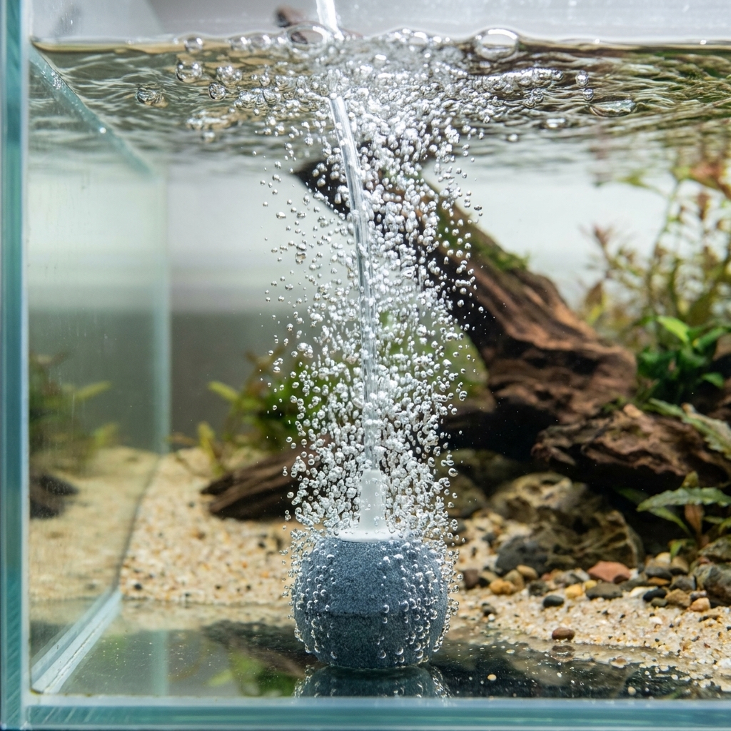 An aquarium air stone producing strong streams of bubbles and creating visible surface agitation