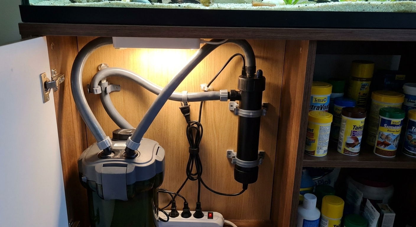 An aquarium canister filter return line with an inline UV sterilizer installed