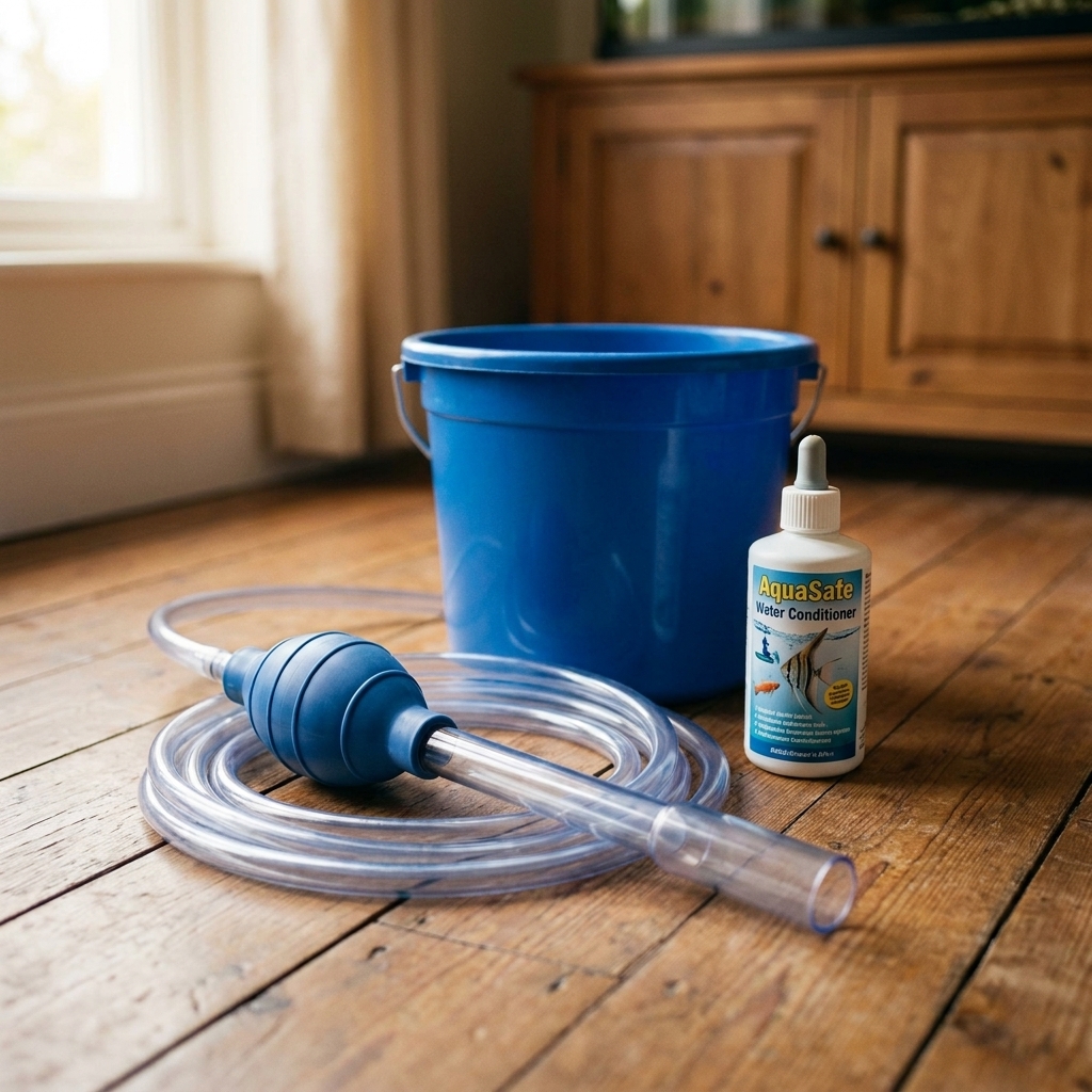 An aquarium gravel vacuum siphon with a primer bulb attached, laid out beside a bucket and a bottle of water conditioner