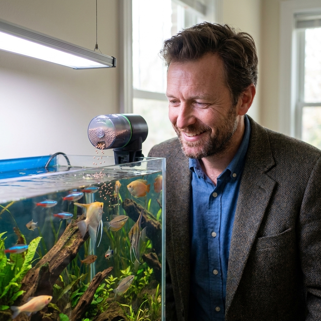 An automatic fish feeder dispensing a small portion of pellets into a freshwater community aquarium as fish gather near the surface
