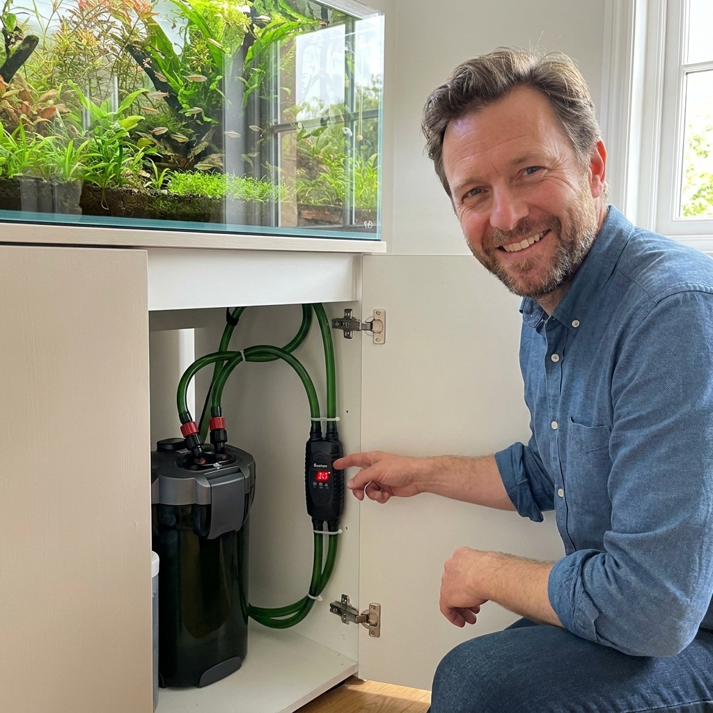 An inline aquarium heater installed on the return hose of a canister filter beneath an aquarium stand, with tidy hoses and no visible heater inside the tank