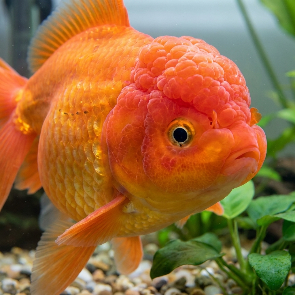 An oranda goldfish showing a well-developed bumpy headgrowth and clear eyes in clean aquarium water