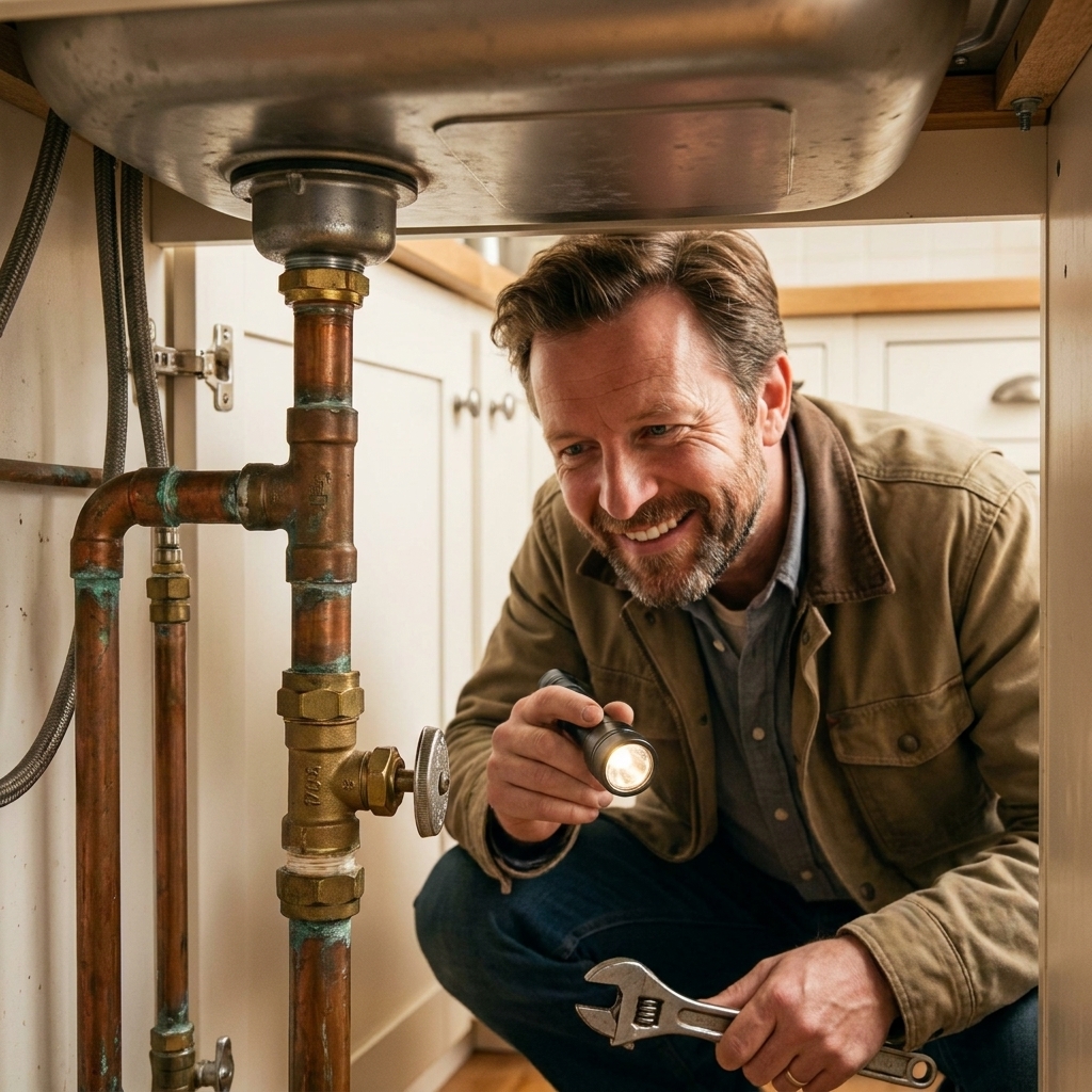 Copper plumbing pipes and brass fittings under a household kitchen sink with a shutoff valve visible