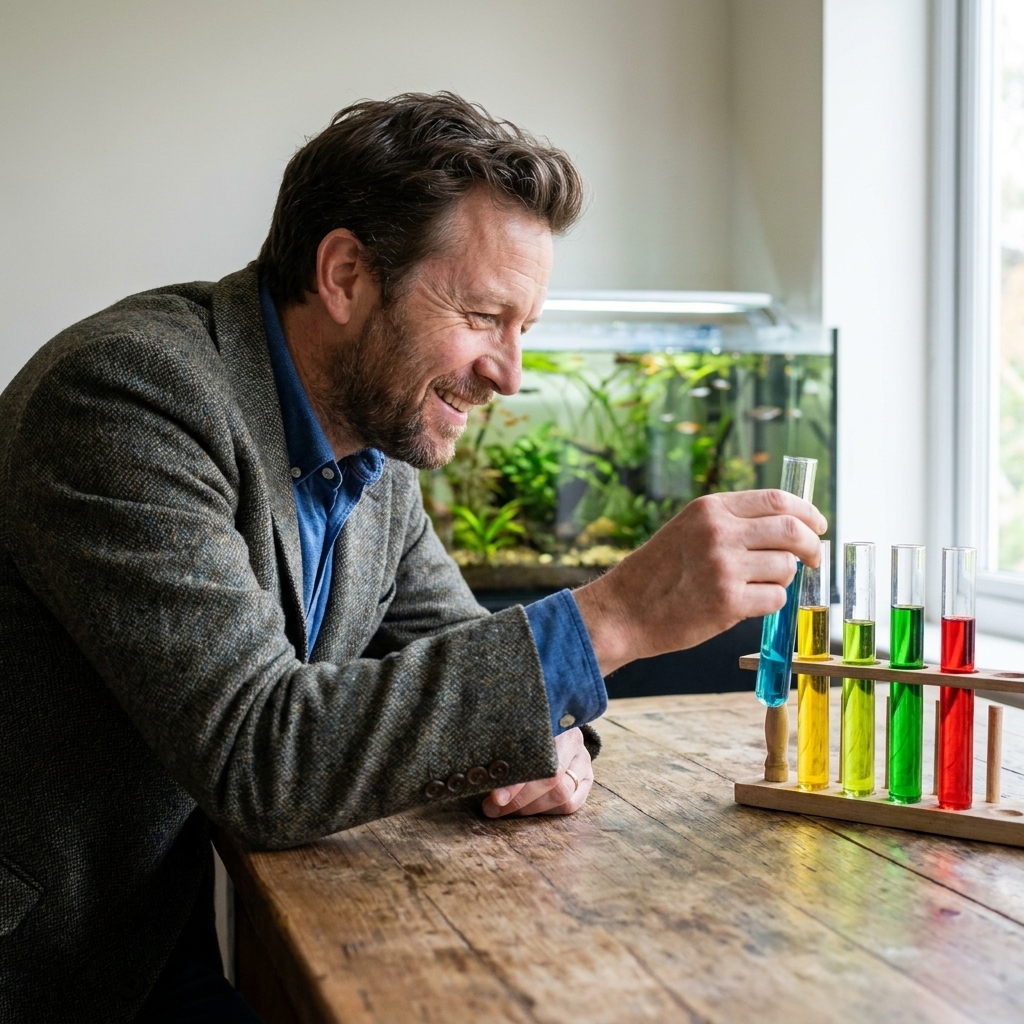 Glass aquarium test tubes with colored water samples lined up on a wooden table near a freshwater aquarium