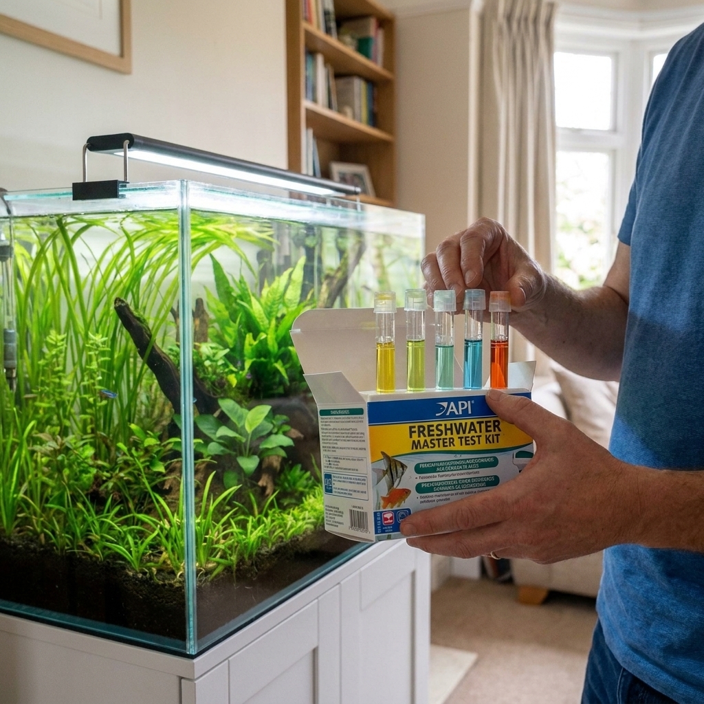 Hands holding a freshwater aquarium test kit beside a small glass tank, with test tubes showing different colors under bright natural light