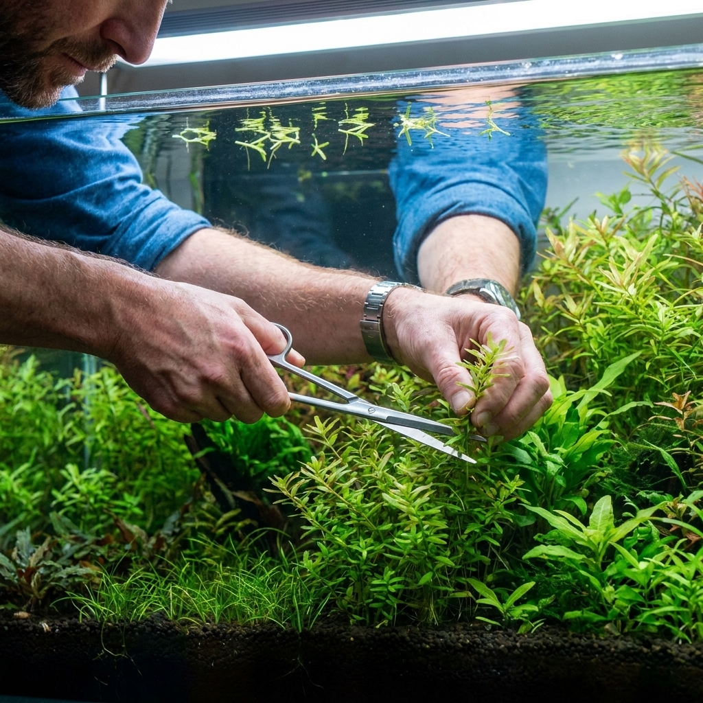 Hands trimming aquatic plants in a freshwater planted aquarium with scissors, removed plant clippings floating near the surface