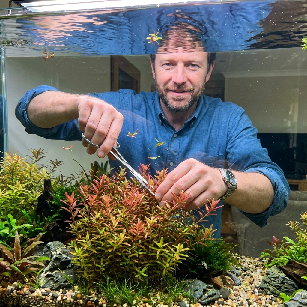 Hands using curved aquascaping scissors to trim Rotala stems in a planted aquarium while leaving a natural uneven height