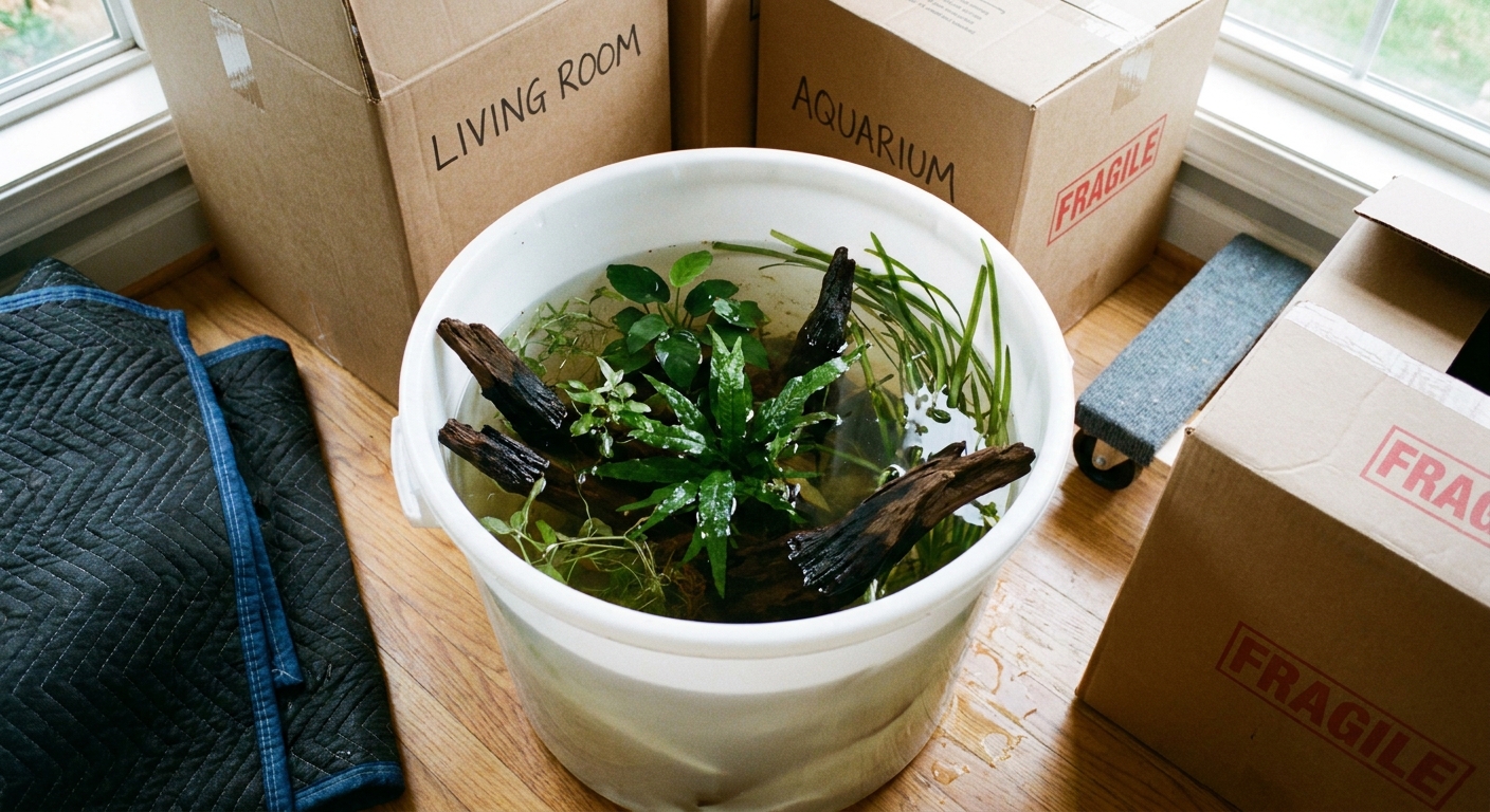 Live aquarium plants and driftwood soaking in a white bucket filled with tank water during a home move