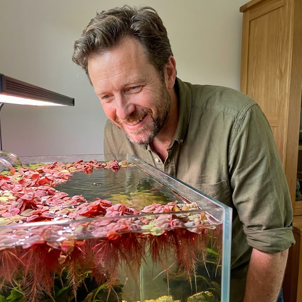 Red root floaters covering part of a freshwater aquarium surface with visible dangling roots and open water left for gas exchange