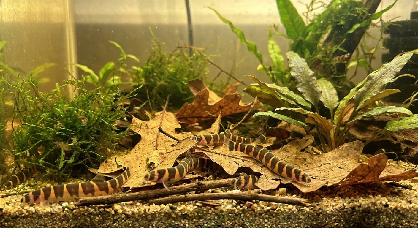 Several kuhli loaches resting and weaving through leaf litter and plants on the bottom of a freshwater aquarium