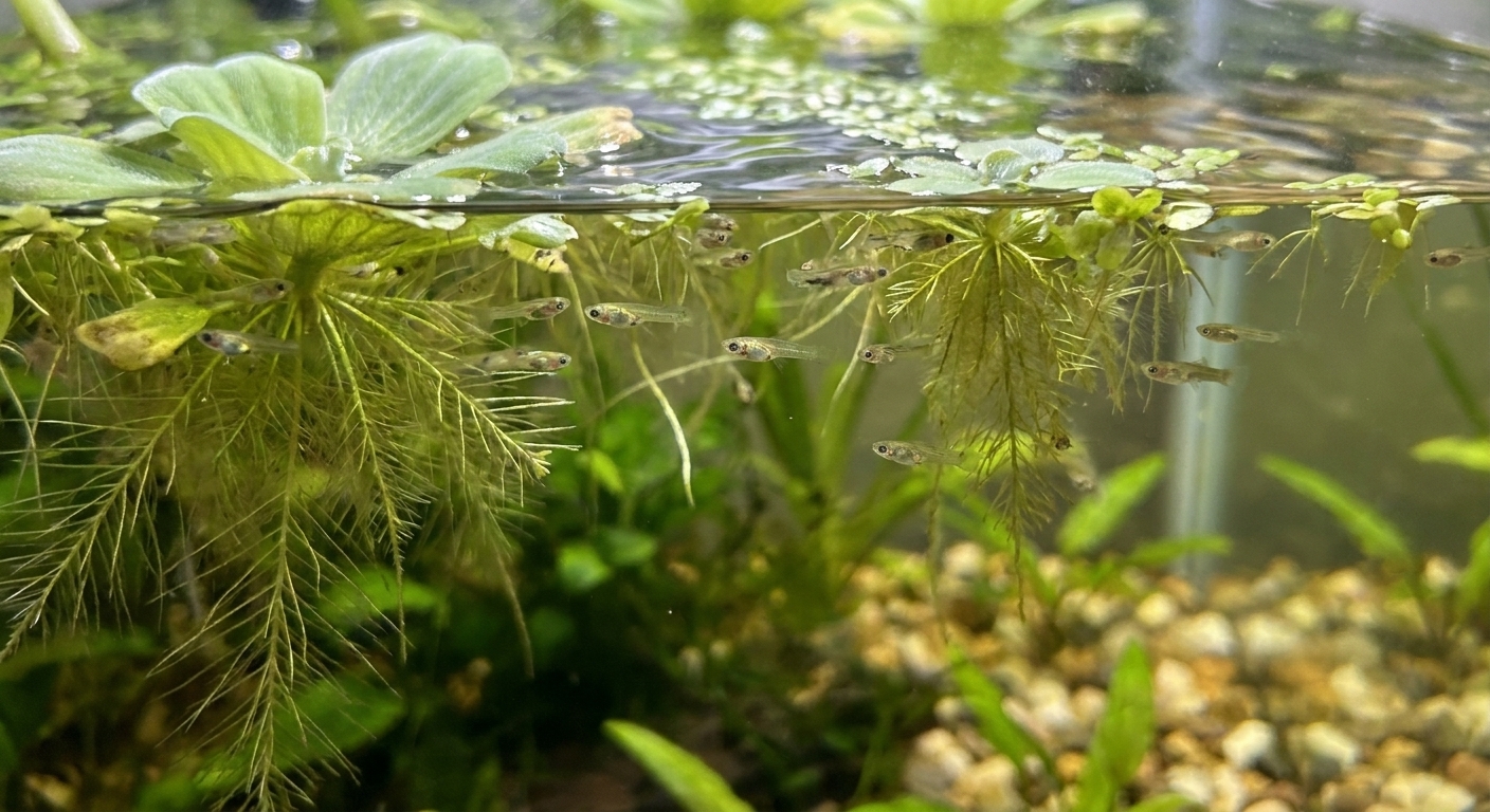 Tiny guppy fry hiding among floating plants near the surface of a freshwater aquarium, with gentle ripples and dappled light