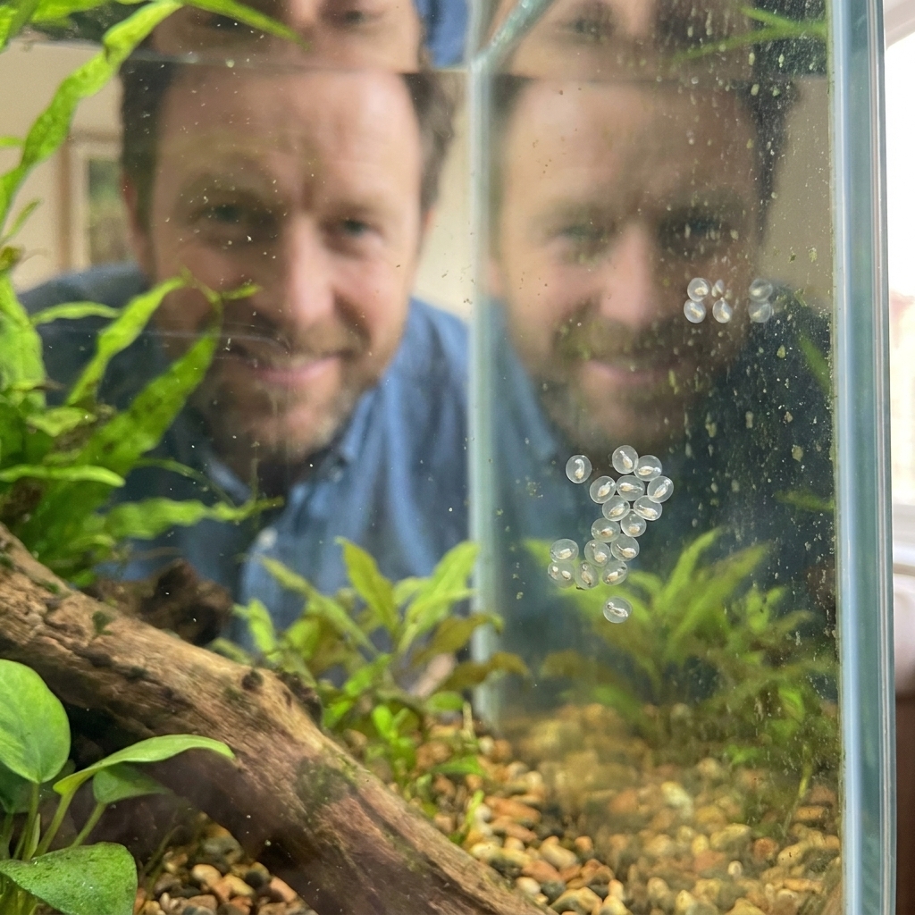 Translucent Corydoras eggs attached in small clusters to the inside glass of a freshwater aquarium