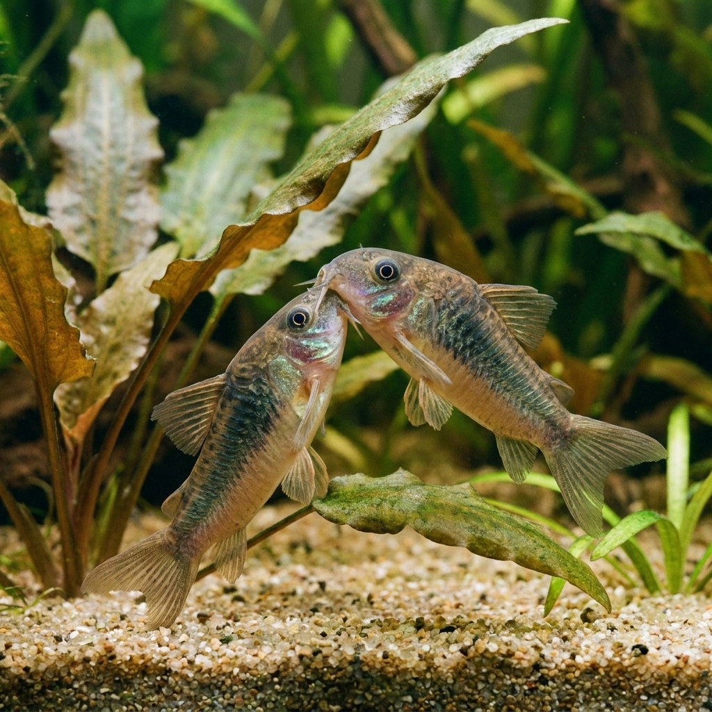 Two Corydoras catfish forming the typical T-position in a freshwater aquarium during spawning behavior