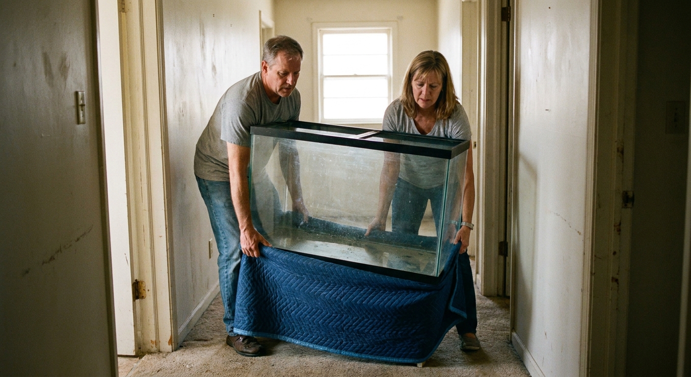 Two adults carrying an empty glass aquarium using moving blankets and gripping the bottom edges in a hallway